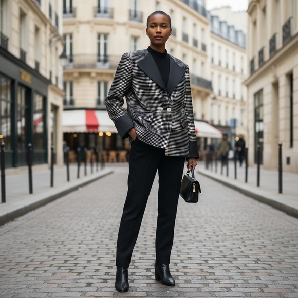 Escada Jackets & Blazers - Escada‎ Silk Lapel Boxy Woven Jacket EU 44 US 12 Belt Loops No Belt Black White